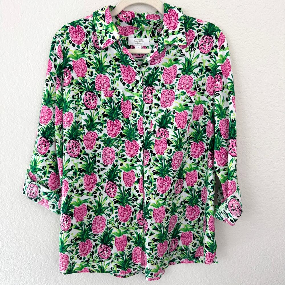 Charter Club Luxury Womens Button Shirt Size L Top Linen Cotton Pineapple Summer